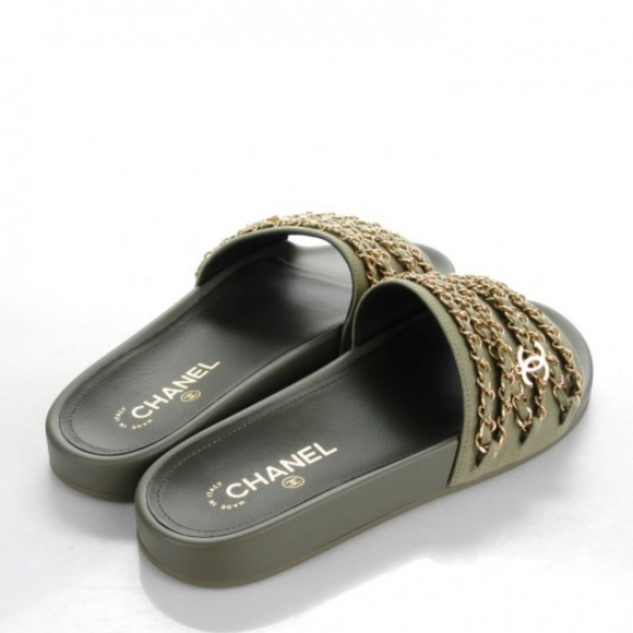 🛑CHANEL Lambskin Canvas Chain Sandals - Picture 3 of 8